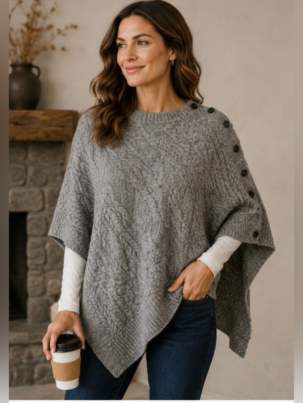 171 Orvis Gray Cable Knit Poncho Sweater One Size Button Shoulder Cozy Cape